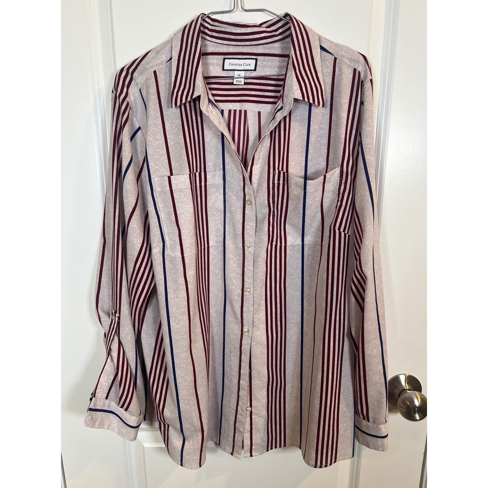 Charter Club Womens Button Down Shirt Striped Long Sleeve Burgundy Blue Size XL